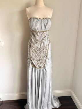 MNM Couture 6806 Strapless Beaded Chiffon Pleat Bust Gown + Jacket Silver 18 NWT